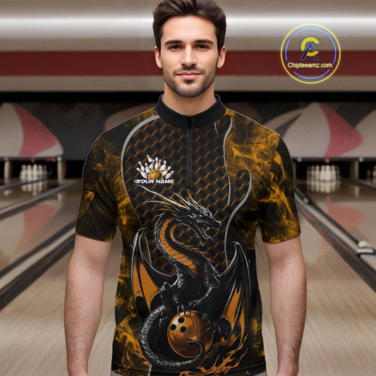 Custom Black And Gold Fire Flame Dragon Bowling Men Quarter-Zip Shirt, Dragon Bowling Jersey IPHW9866