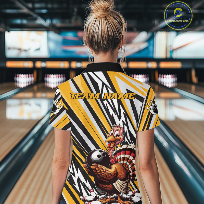 Custom Yellow Funny Thanksgiving Turkey Bowling Women Quarter-Zip Shirts, Bowling Jerseys IPHW9720