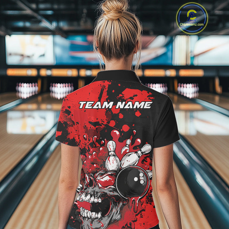 Custom Black And Red Splatter Skull Bowling Women Polo Shirt, Halloween Bowler Outfit IPHW9725