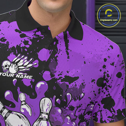 Custom Black And Purple Splatter Skull Bowling Team Men Polo Shirt, Halloween Outfit IPHW9726