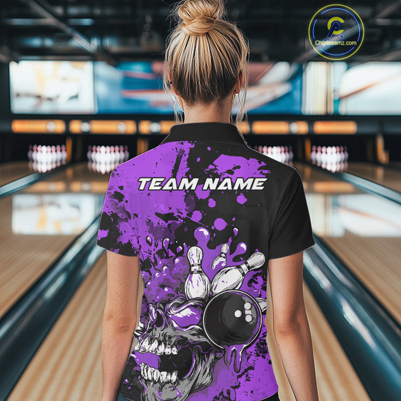 Custom Black And Purple Splatter Skull Bowling Team Women Polo Shirt, Halloween Outfit IPHW9726