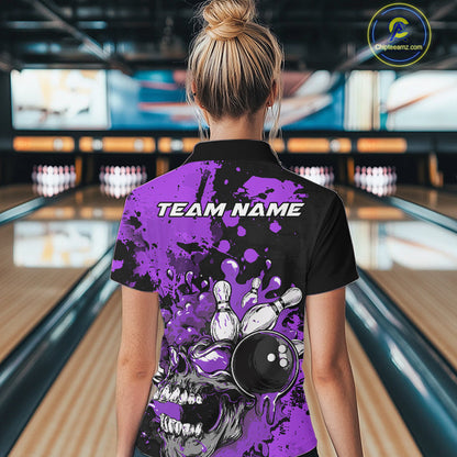 Custom Black And Purple Splatter Skull Bowling Women Quarter-Zip Shirt, Halloween Outfit IPHW9726