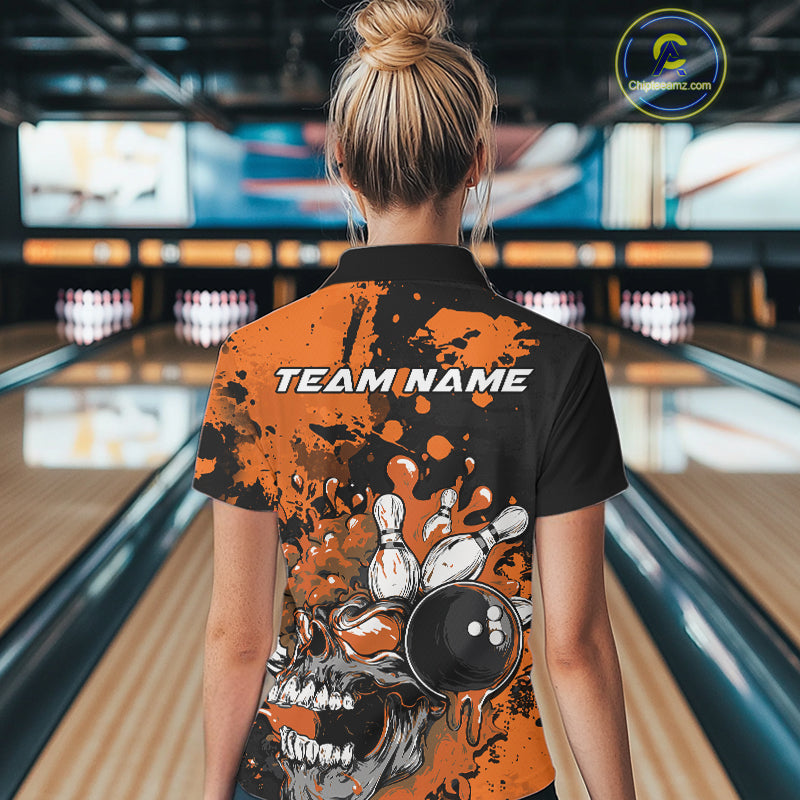 Custom Black And Orange Splatter Skull Bowling Team Women Polo Shirt, Halloween Outfit IPHW9727