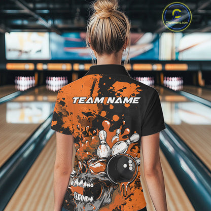 Custom Black And Orange Splatter Skull Bowling Team Women Polo Shirt, Halloween Outfit IPHW9727