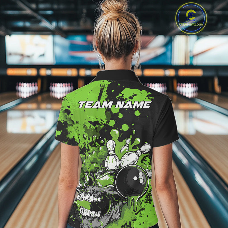Custom Black And Green Splatter Skull Bowling Team Women Polo Shirt, Halloween Outfit IPHW9728