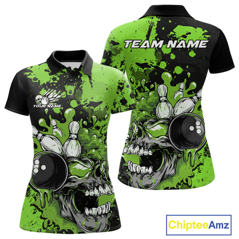Custom Black And Green Splatter Skull Bowling Team Women Polo Shirt, Halloween Outfit IPHW9728