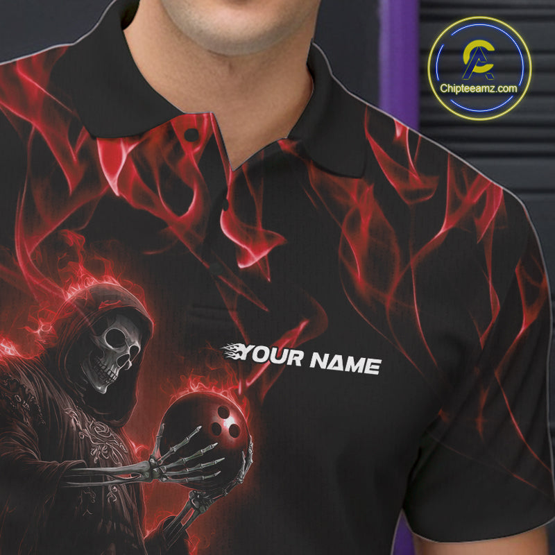Custom Red Flame Grim Reaper Bowling Polo Shirts For Men, Halloween Bowling Outfit IPHW9730