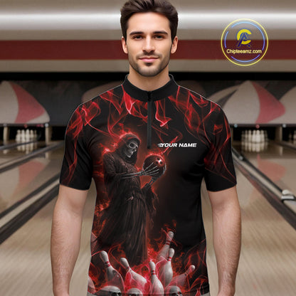 Custom Red Flame Grim Reaper Bowling Quarter-Zip Shirts For Men, Halloween Bowling Outfit IPHW9730