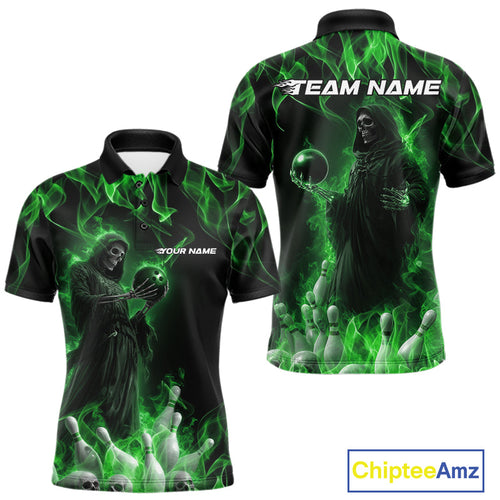 Custom Green Flame Grim Reaper Bowling Polo Shirts For Men, Halloween Bowling Outfit IPHW9731