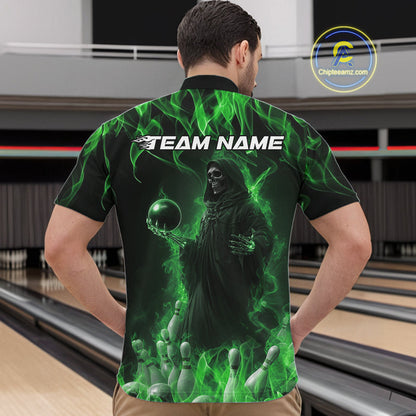 Custom Green Flame Grim Reaper Bowling Quarter-Zip Shirts For Men, Halloween Bowling Outfit IPHW9731
