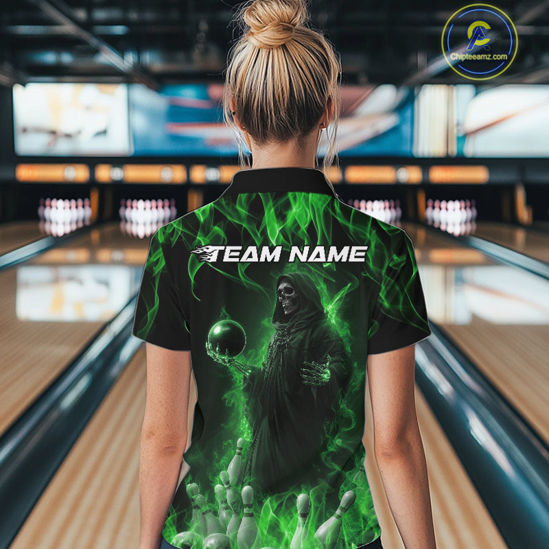 Custom Green Flame Grim Reaper Bowling Women Quarter-Zip Shirts, Halloween Bowling Outfit IPHW9731
