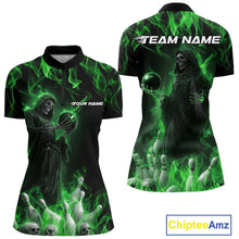 Load image into Gallery viewer, Custom Green Flame Grim Reaper Bowling Women Quarter-Zip Shirts, Halloween Bowling Outfit IPHW9731