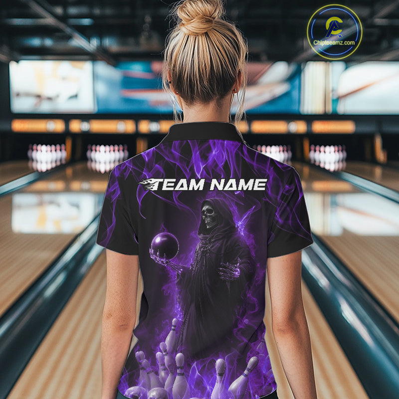 Custom Purple Flame Grim Reaper Bowling Polo Shirts For Women, Halloween Bowling Outfit IPHW9732