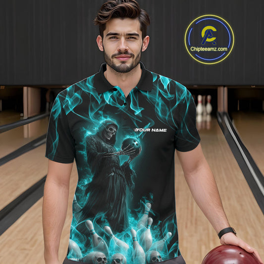 Custom Turquoise Blue Flame Grim Reaper Bowling Men Polo Shirts, Halloween Bowling Outfit IPHW9733