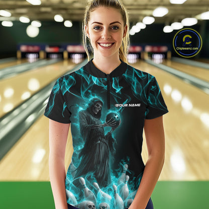 Custom Turquoise Blue Flame Grim Reaper Bowling Women Quarter-Zip Shirt, Halloween Outfit IPHW9733
