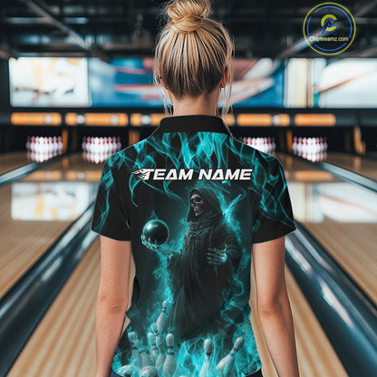 Custom Turquoise Blue Flame Grim Reaper Bowling Women Quarter-Zip Shirt, Halloween Outfit IPHW9733
