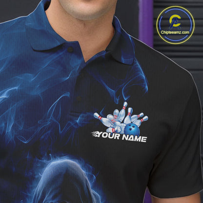 Custom Black And Blue Smoke Flame Grim Reaper Halloween Bowling Men Polo Shirts IPHW9739