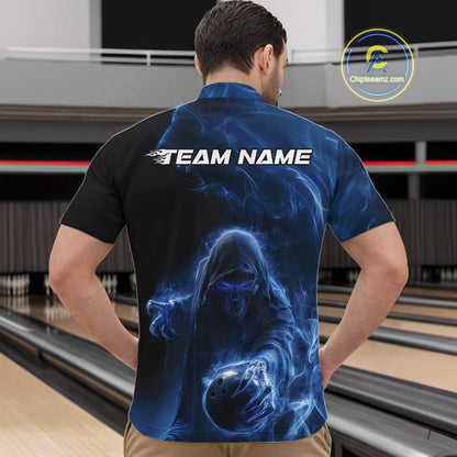 Custom Black And Blue Smoke Flame Grim Reaper Halloween Bowling Men Quarter-Zip Shirts IPHW9739