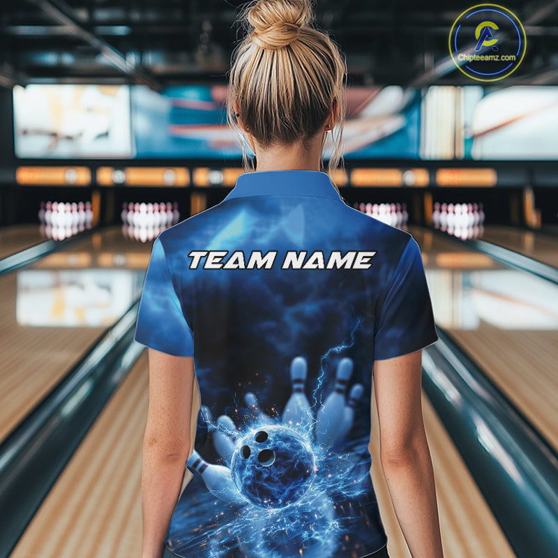Custom Blue Thunder Lightning Bowling Team Women Quarter-Zip Shirts, Bowling Jerseys IPHW9747
