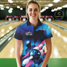 Load image into Gallery viewer, Custom Blue And Pink Futuristic Bowling Polo Team Shirts For Women, Bowling League Shirt IPHW9513