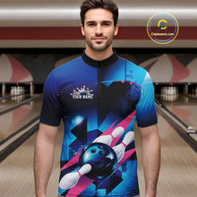 Load image into Gallery viewer, Custom Blue And Pink Futuristic Bowling Quarter-Zip Team Shirts For Men, Bowling League Shirt IPHW9513