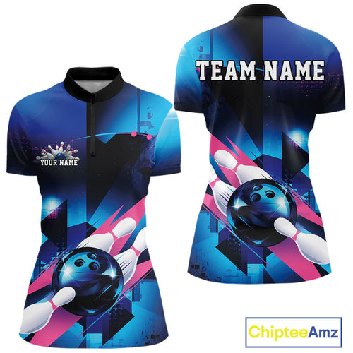 Custom Blue And Pink Futuristic Bowling Quarter-Zip Shirt For Women, Bowling League Shirt IPHW9513