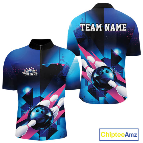 Custom Blue And Pink Futuristic Bowling Quarter-Zip Team Shirts For Men, Bowling League Shirt IPHW9513