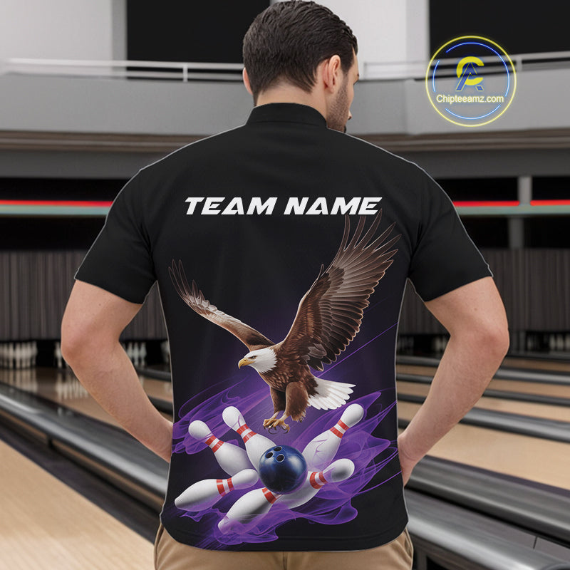 Custom Purple Flame Eagle Bowling Team Quarter-Zip Shirts For Men, Bowling Tournament Shirt IPHW9369