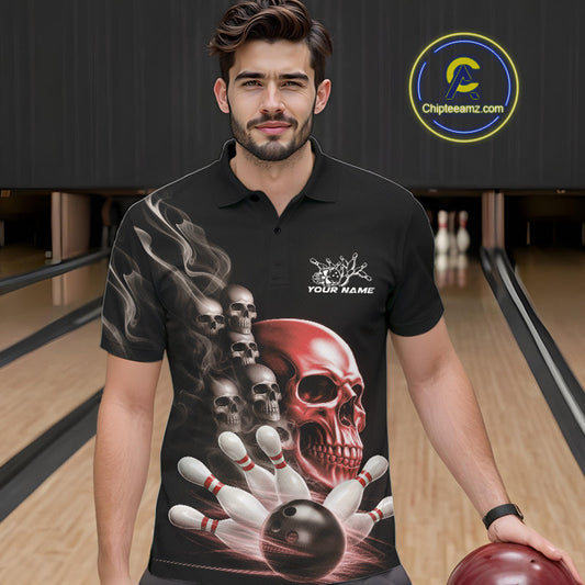 Custom Red Glowing Ghostly Skull Bowling Polo Shirts For Men, Halloween Bowlers Outfit IPHW9516