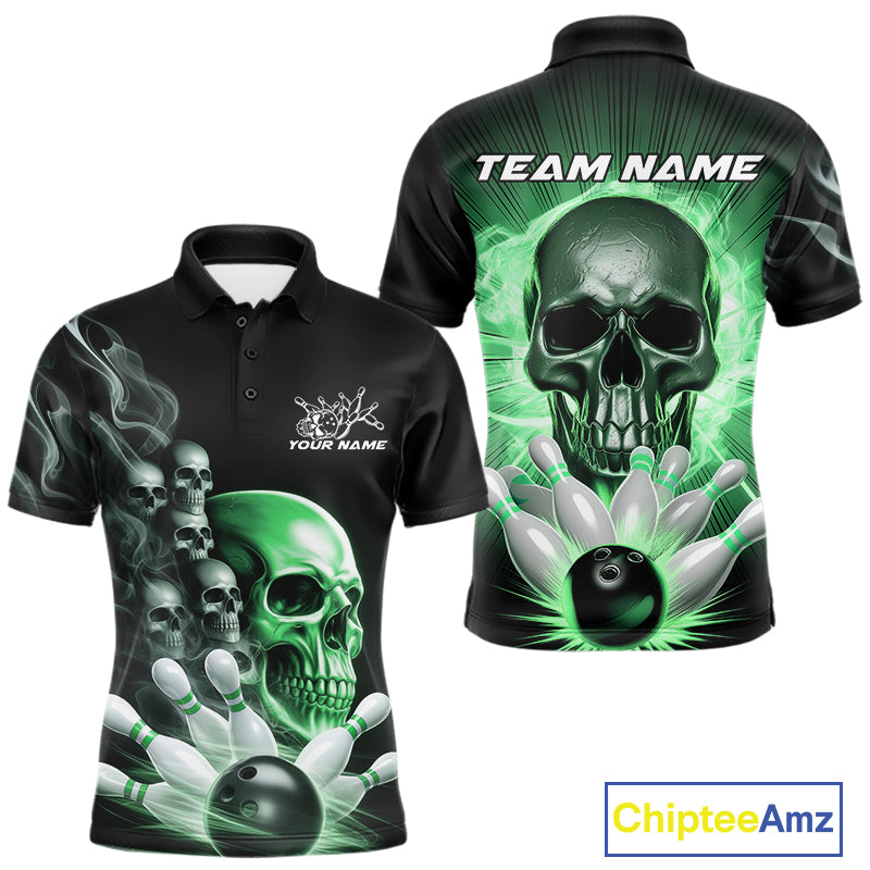 Custom Green Glowing Ghostly Skull Bowling Polo Shirts For Men, Halloween Bowlers Outfit IPHW9518
