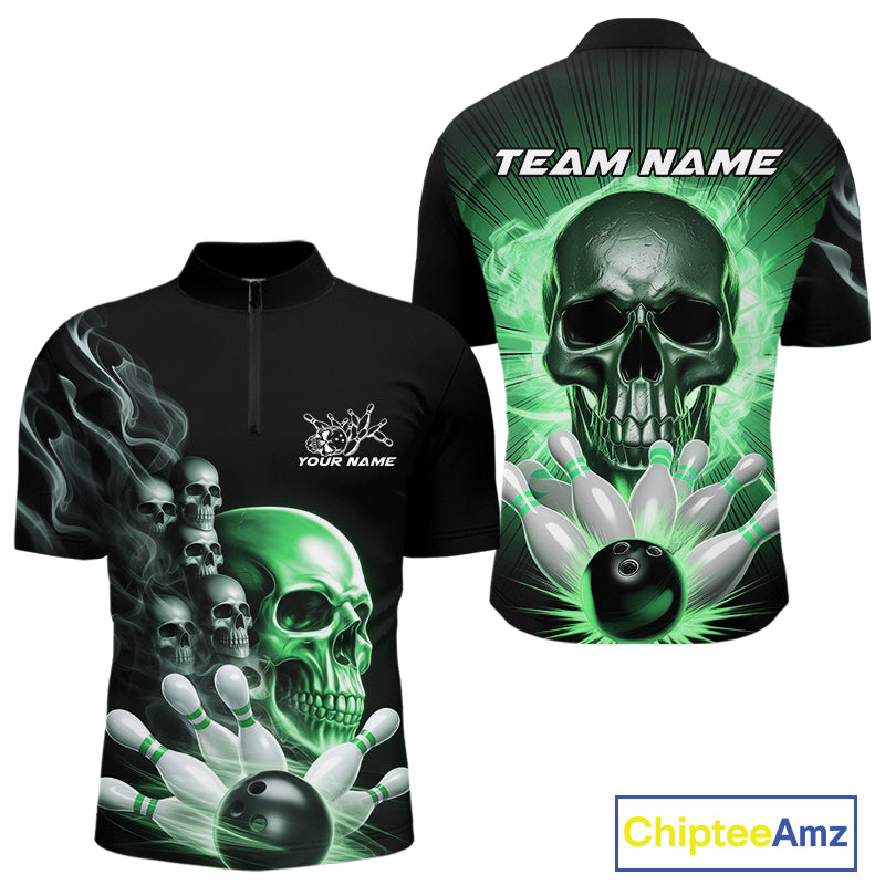 Custom Green Glowing Ghostly Skull Bowling Quarter-Zip Shirts For Men, Halloween Bowlers Outfit IPHW9518