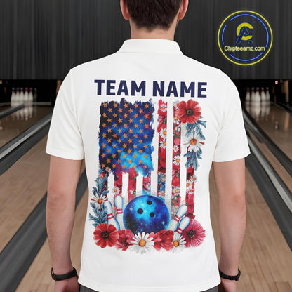 Custom Wild Flower Patriotic US Flag Bowling Polo Shirts For Men, Hippie Bowling Shirt IPHW9753