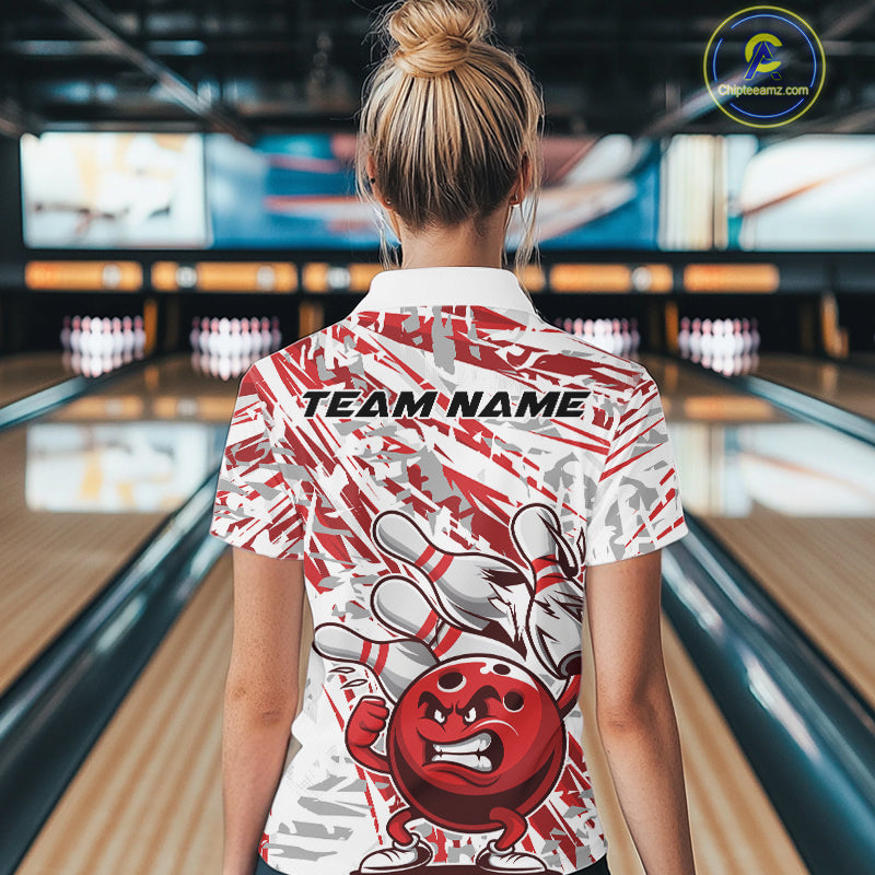Red Camo Custom Funny Bowling Women Quarter-Zip Shirts, Bowling Team Tournament Shirt IPHW9397