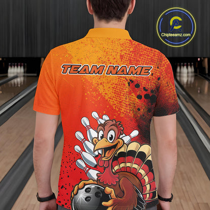 Custom Funny Orange Turkey Bowling Team Men Polo Shirts, Thanksgiving Bowling Outfit IPHW9785