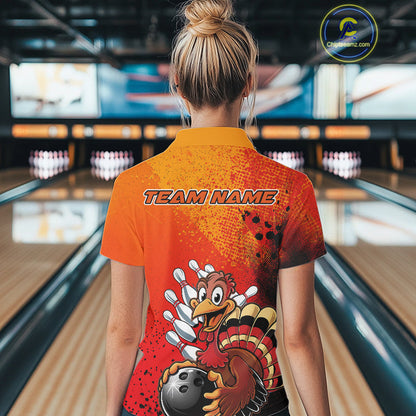 Custom Funny Orange Turkey Bowling Team Women Polo Shirts, Thanksgiving Bowling Outfit IPHW9785