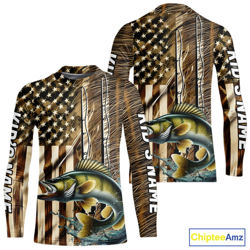 Custom Patriotic Camouflage American Flag Fishing Rod Walleye Kid Long Sleeve Fishing Shirts IPHW9219