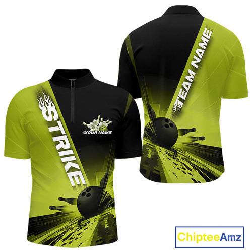 Custom Black And Green Strike Bowling Quarter-Zip Shirts For Men, Bowling Team Uniform IPHW9553