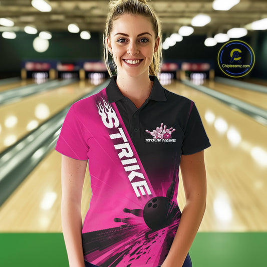 Custom Black And Pink Strike Bowling Polo Shirts For Women, Bowling Team Uniform IPHW9554