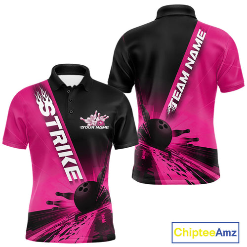 Custom Black And Pink Strike Bowling Polo Shirts For Men, Bowling Team Uniform IPHW9554
