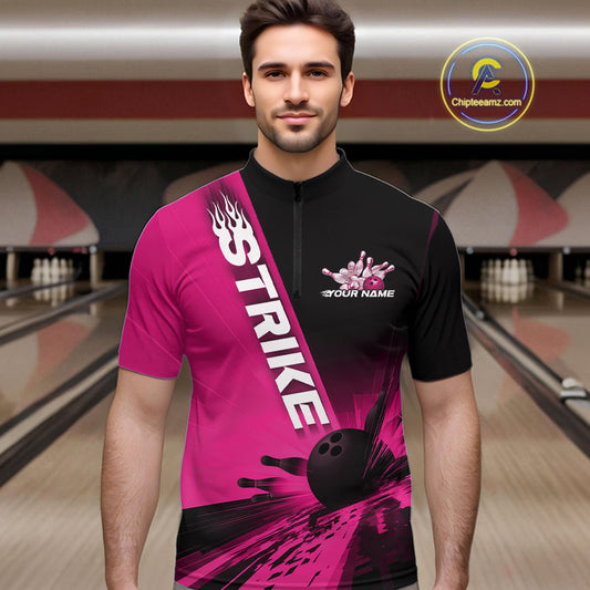 Custom Black And Pink Strike Bowling Quarter-Zip Shirts For Men, Bowling Team Uniform IPHW9554