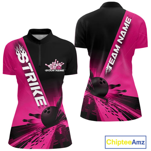 Custom Black And Pink Strike Bowling Quarter-Zip Shirts For Women, Bowling Team Uniform IPHW9554