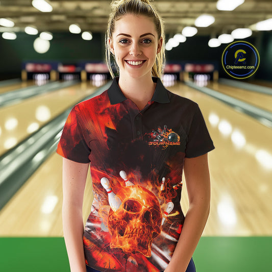 Custom Fire Flame Skull Bowling Polo Shirts For Women, Halloween Bowling Outfits IPHW9579