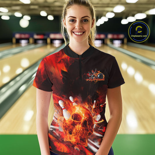 Custom Fire Flame Skull Bowling Quarter-Zip Shirts For Women, Halloween Bowling Outfits IPHW9579