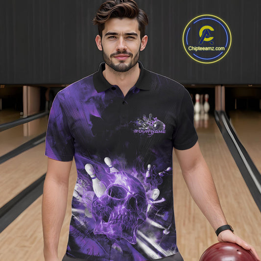 Custom Purple Fire Flame Skull Bowling Polo Shirts For Men, Halloween Bowling Outfits IPHW9580