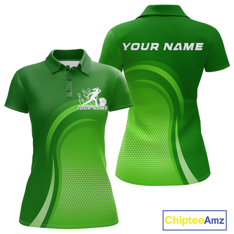 Custom Green Bowling Team Polo Shirts For Women, Bowling Tournament Bowling League Shirt IPHW9238