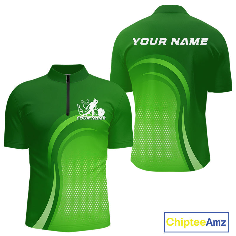 Custom Green Bowling Team Quarter-Zip Shirts For Men, Bowling Tournament Bowling League Shirt IPHW9238