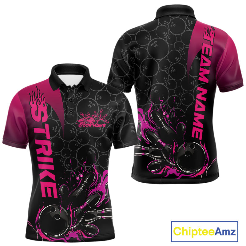 Custom Bowling Pattern Pink Flame Strike Bowling Team Men Polo Shirts, Bowling Jerseys IPHW9417