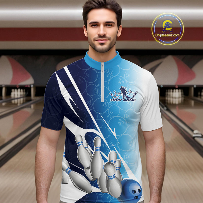 Custom Blue Bowling Pattern Bowling Team Quarter-Zip Shirts For Men, Blue Bowling Jerseys IPHW9426