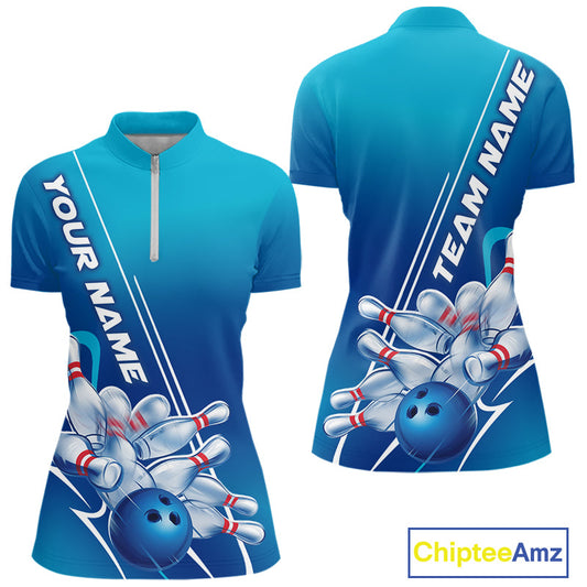 Custom Blue Bowling Pattern Bowling Team Women Quarter-Zip Shirts, Blue Bowling Jerseys IPHW9428