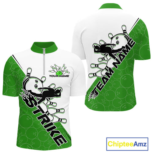Cusom Green Strike Bowling Team Quarter-Zip Shirts For Men, Bowling League Shirt Bowlers Outfit IPHW9261